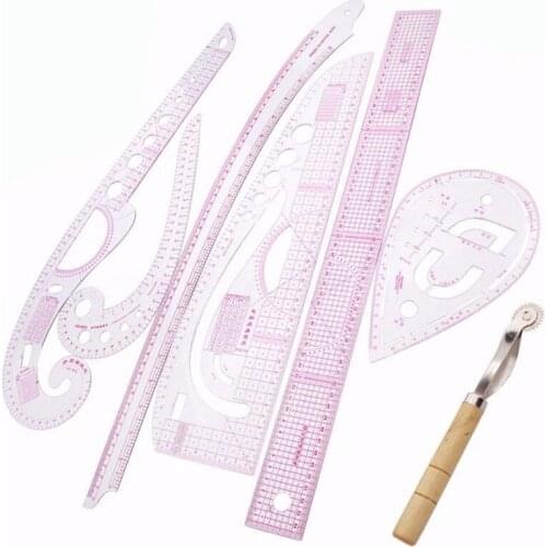 7PCS/Set Yardstick Sleeve French Curve Metric Ruler Sewing Dressmaking Ruler Tailor Measuring Cutting Paddle Wheel Kit