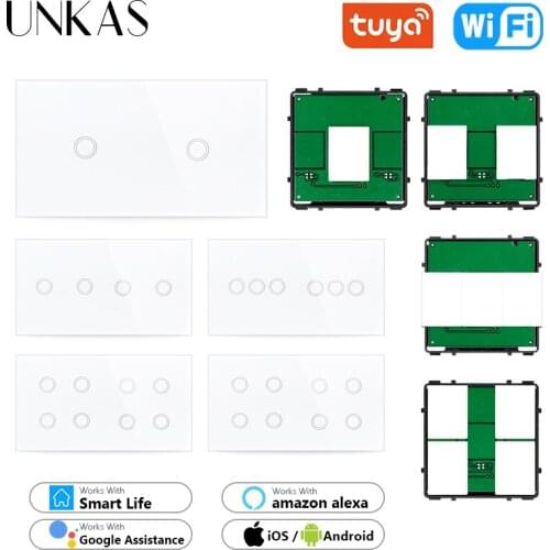 UNKAS Modules DIY Free Combination 2 3 4 5 6 Gang Wifi EU Standard Touch On / Off Smart Switch White Glass 157mm Panel Outlet
