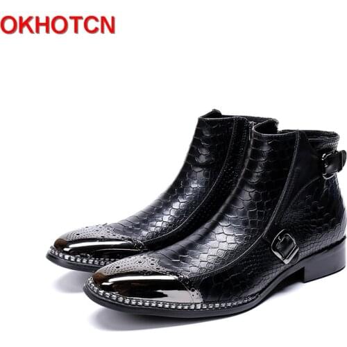 Metal Toe Mens Dress Boots Snake Skin Pattern Man Boots Leather Genuine Buckle Zip Bordered Rhinestone Men Snow Boots Waterproof
