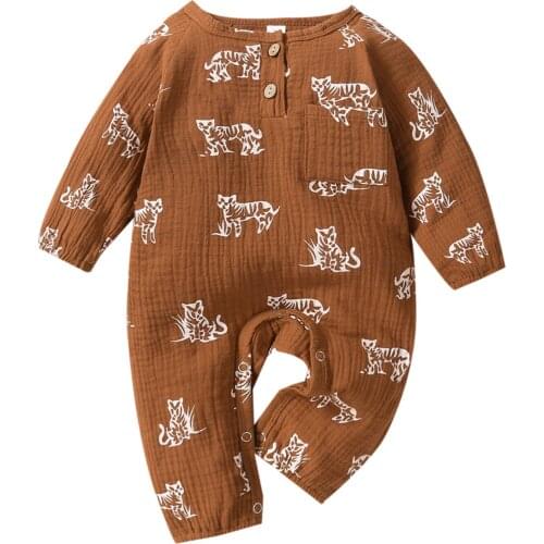 New Baby’s Casual Long Sleeve Jumpsuit Cartoon Tiger Printing Button Round Neck Long Romper