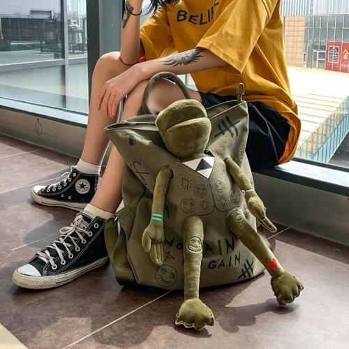 New All-match Backpack Female Canvas Large Capacity Travel Backpack Graffiti Printing Cute Frog Schoolbag Tide