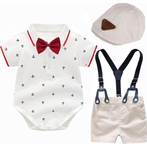 Formal Baby Boy Clothes Set Children Gentleman Printed Summer Suit With Bow Toddler Kid Bodysuit Infant Boy Birthday Clothing