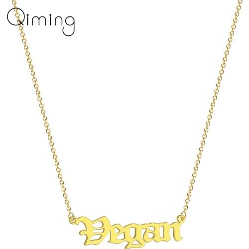 Letter Vegan Pendant Necklace For Women Men Veganism Gift Simple Old English Words Choker Stainless Steel Necklace Bijoux
