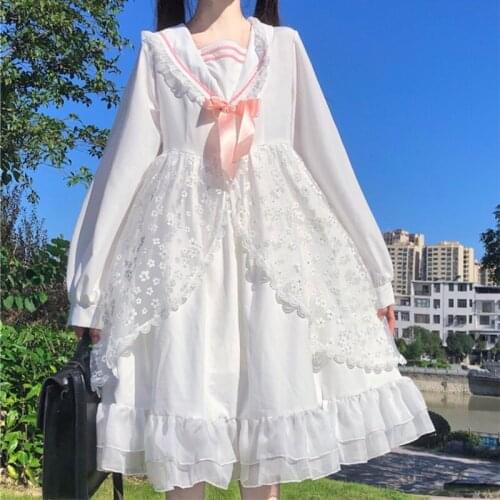 Lolita fashion Navy Style High Waist Slim Long-Sleeved Dress New Spring and Autumn kawaii clothing sweet lolita dress