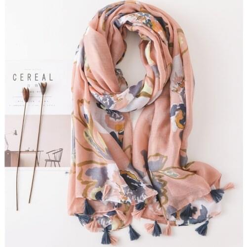 Spring Autumn Womens Cotton Scarf Fashion Ink Flowers Printed Summer beach Pareo Sarong