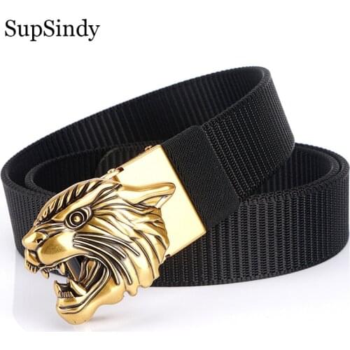 SupSindy Mans nylon belt luxury gold Tiger metal automatic buckle Canvas Belts for men fashion jeans Waistband black male strap