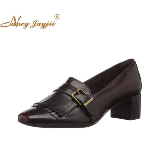 Female Pumps Lady Adult Shoes Black Patent Leather Fringe Square heels Buckle Pointed Toe Slip-On Spring/Autumn Classics2018