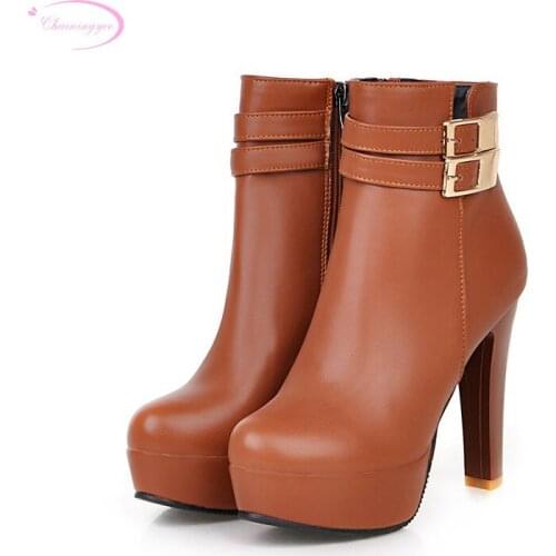 Chainingyee street style comfortable round toe autumn ankle boot fashion belt buckle zip platform high heel womens riding boots