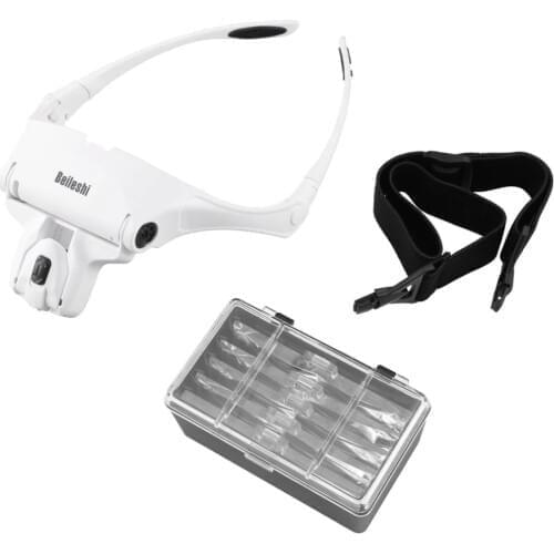 Multiple lens Magnifying Glasses 9892B1 Magnifier Interchangeable 5 Pcs Lenses Headband 2LED Head Lamps
