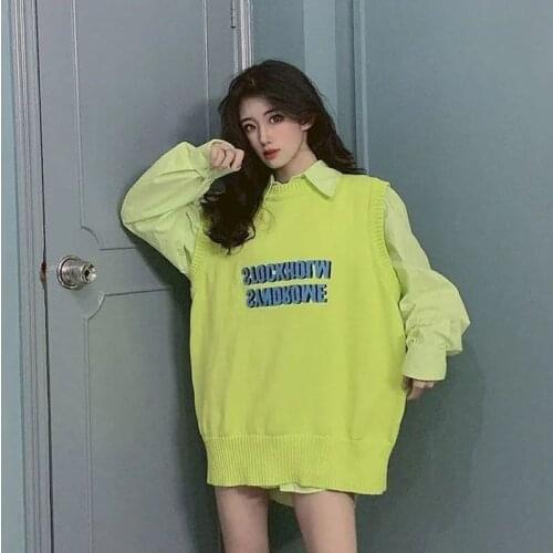 2021 Spring Fashion Knitted Sleeveless Sweater Vest Letter Print Round Collar Streetwear Fashionable Korean Womens Clothing No