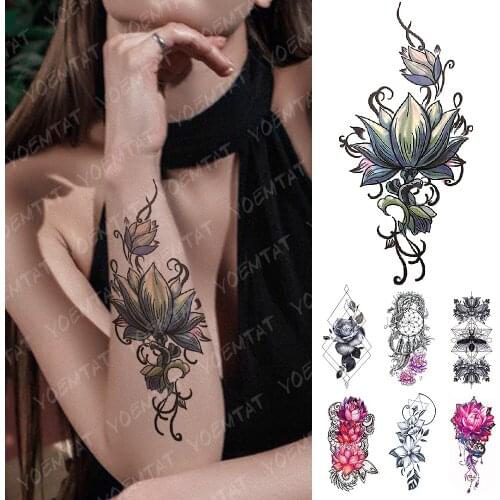 Waterproof Temporary Tattoo Sticker Purple Pink Lotus Flash Tattoos Flowers Rose Lace Totem Body Art Arm Fake Tatoo Women Men