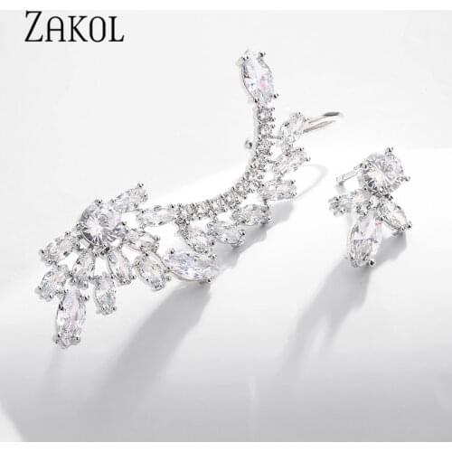 ZAKOL Asymmetric Feather Shape Shiny Cubic Zirconia Long Big Ear Cuff Stud Earrings for Women Fashioin Party Jewelry FSEP2540