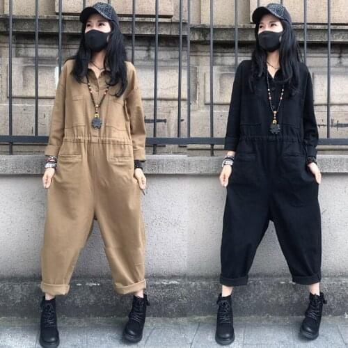 2021 spring new large size fashion high waist all-match personality baggy pants European casual lapel tooling jumpsuit women s45