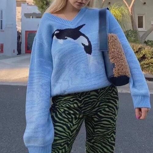 2021 Autumn Winter Long Sleeve Jacquard Sweaters Korean Fashion Blue Pullovers V Neck Loose Jumpers Femlae Knitted Tops