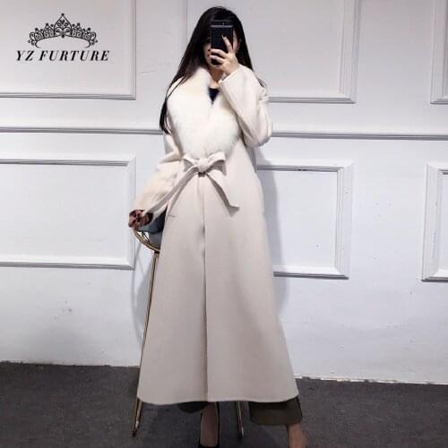 2020 New Fashion Women Winter 120cm Long Elegant Real Wool Fur Coat Outwear Female with Real Fox Fur Collar Warm Jacket Overcoat