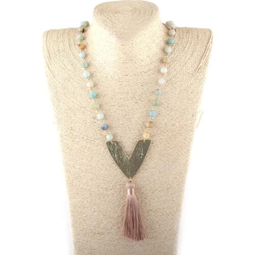 MOODPC Fashion Bohemian Jewelry Stone Rosary Chain Metal V Link Long Tassel Necklaces Women Ethnic Necklace