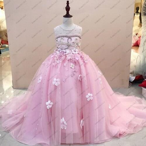 2021Fairy 3D Floral Flowers Pearls Long Cheap Flower Girl Dresses for Wedding Party Birthday First Communion Dress Pink Blue