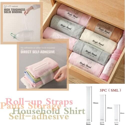 3PCS Household Clothes Storage Artifact Shirt Pants Storage Self-adhesive Roll-up Straps Fold Up Underwear Socks Organize FN50