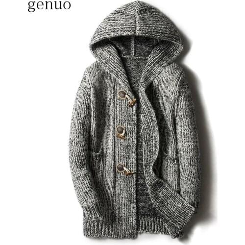 5XL Fashion Men Casual Sweater 2019 Winter Thick Coat Slim Cardigan Men Hooded Neck Quality Knitted Brand Male Sweaters Tops