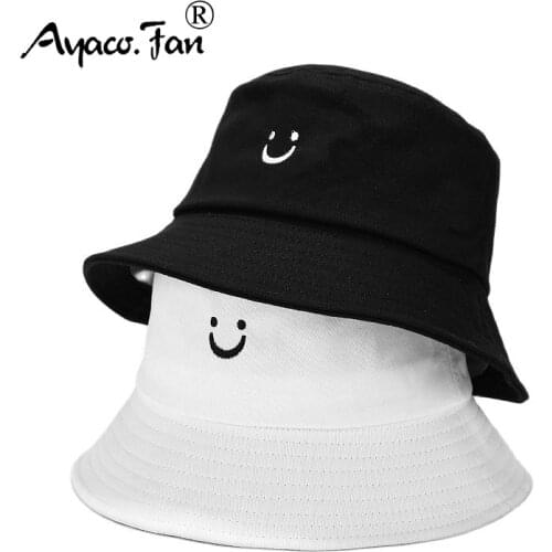 Women Cute Smiling Face Bucket Hat Solid Candy Colors Sun Hat Outdoor Men Beach Caps Unisex Fishermen Hat Hip Hop Female Cap