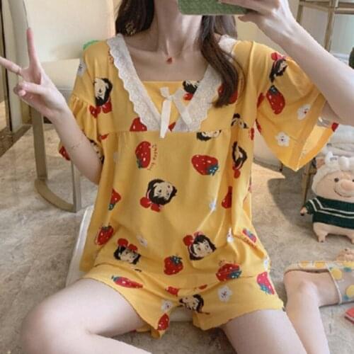 Home Suits Korean Sleepwear Lattice Pajamas for Women Spring Summer Ladies Milk Silk Pyjamas Girls Pijama Short and Long Sleeve