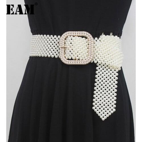 [EAM] Pearl White Temperament Long Buckle Vintage Belt Personality Women New Fashion Tide All-match Spring Autumn 2021 1DD9103