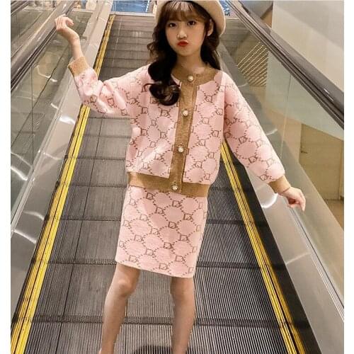 Girls Boutique Outfits Kids Clothes Girls Sets Knitting Cardigan Coat And Wool Skirts 2 Pcs Sets Fashion High-grade Teen Clothes