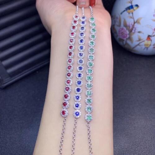 Exquisite red blue emerald color shinning gemstone bracelet 100% natural ruby sapphire emerald gem 925 sterling silver gift