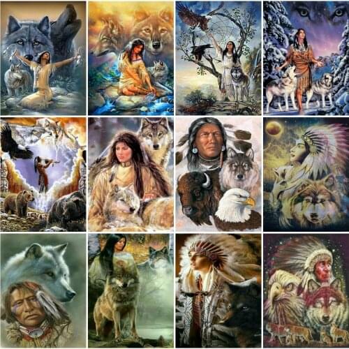 AZQSD Oil Painting By Number Indian Man Wolf Eagle Frameless Acrylic Paint Picture By Numbers Portrait HandPainted Wall Decor