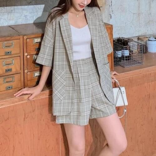 Summer Casual Womens Shorts Suit Set Vintage Lattice Blazer Korean Clothing Two-Piece Sets Female Fashion 2021
