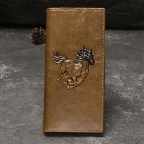 Leather Mens Wallet Three Dimensional Embossed Genuine Leather Mans Purse 3D Leather Embossed Men Long Wallets Brown