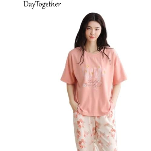 Summer Womens Pajamas Short Sleeve Cropped Trousers Female Sleepwear Knitting Cotton Ladies Nightgown 2-Piece Suit