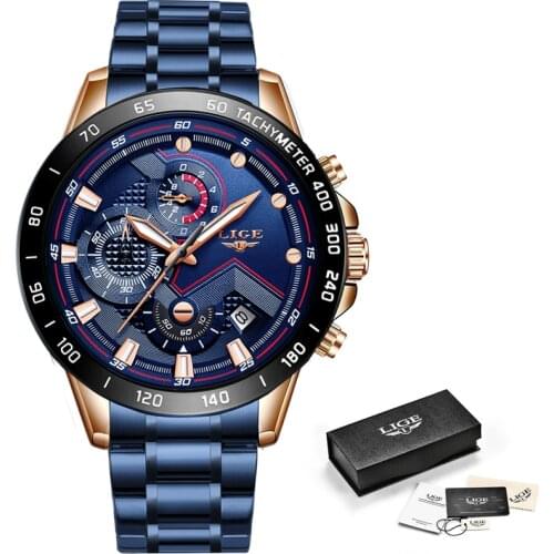 LIGE Fashion Blue Watch Mens Watches Stainless Steel Waterproof Top Brand Luxury Quartz Watch Men Relogio Masculino Chronograph