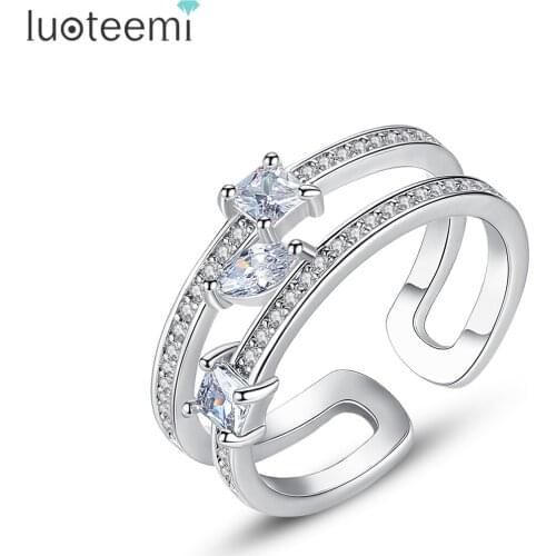 LUOTEEMI Popular Resizeable Ring for Women Wedding with AAA Clear Cubic Zircon White Gold Color Bridal Set Fashion Jewelry