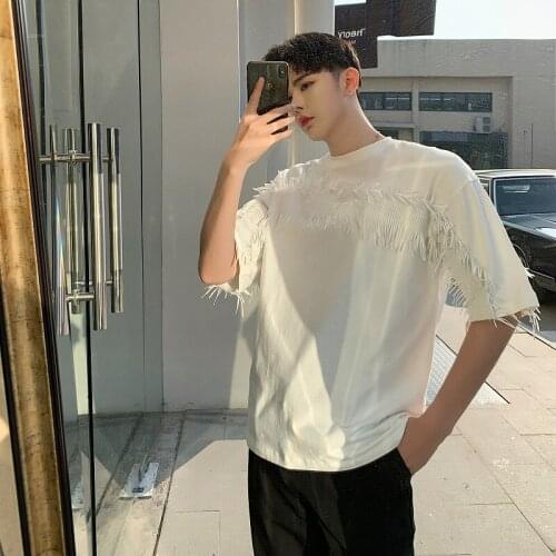 Youth Summer Fashion Oversize T-shirt Mens Tassel Casual White Mens Loose Tee X1