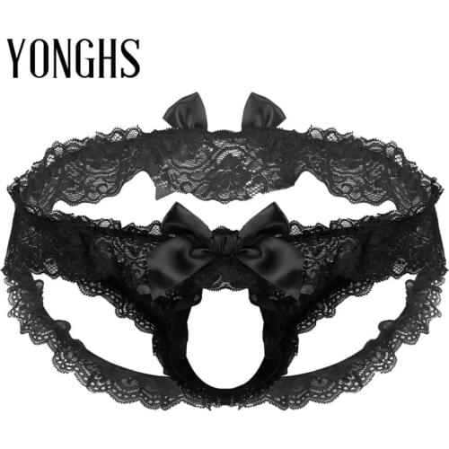 Mens Lingerie Sissy Panties Crotchless Open Butt Underwear Ruffled Frilly Lace with Elastic Waistband Jockstrap Briefs Underpant