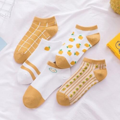 5 Pairs Short Socks Lady Summer Fruit Women Cartoon Cute Lovely Students Breathable Cotton Kawaii Orange Elastic Soft Socks