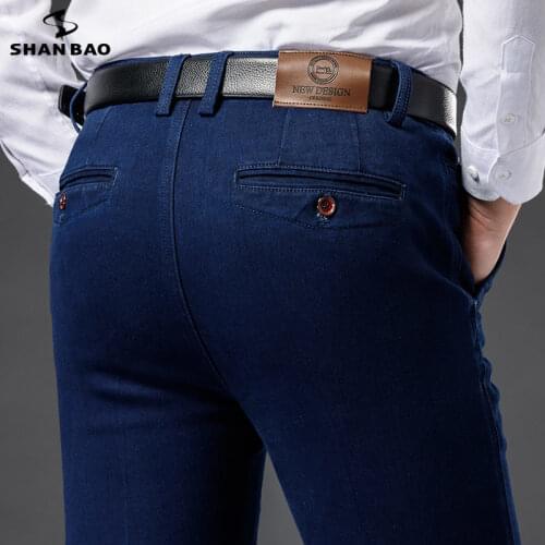 SHAN BAO 2021 autumn winter brand classic pocket straight loose high waist jeans business casual mens stretch jeans trousers