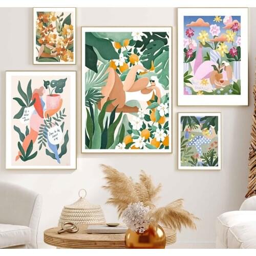 Boho Girl Cactus Monstera Palm Leaf Abstract Wall Art Canvas Painting Nordic Posters Prints Wall Pictures For Living Room Decor