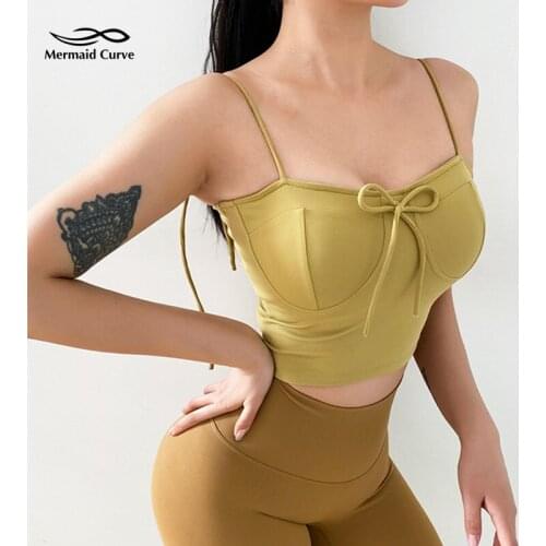 Mermaid Curve New Bowknot Bandage Fine Shoulder Straps Women Yoga Vest Low Intensity Shockproof Sports Bra Dance Training Vest