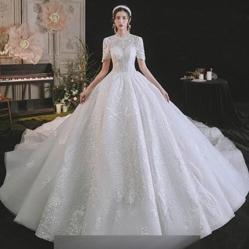 High Neck Floral Print Wedding Dress White Backless Empire Short Sleeves Floor-Length New Plus Size Wedding Gowns For Women G345