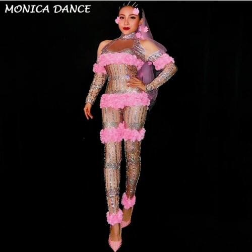 Sexy Stage Pink Flowers Jumpsuit Rhinestones One Piece Big Stretch Costume Womens Birthday Outfit Stage Singer Dance Costumes