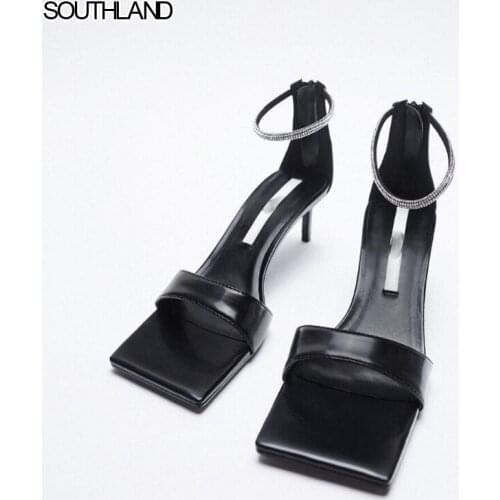 SOUTHLAND 35-42 ZA word with rhinestones Black high heel sandals New 2021 Square toe open toe stiletto heels