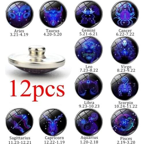 12 Pcs/lot Constellation Glass Cabochon 18mm Metal Button for Snap Jewelry Charms Bracelet Making Accessories