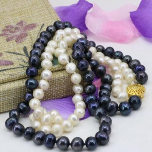 Wedding jewelry 7-8mm natural real white freshwater pearl beads 2 rows necklace fashion statement women chain 17-18inch B3240