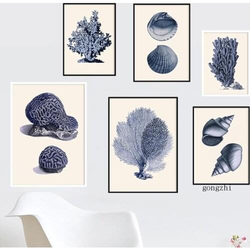 Vintage Ocean Fossils Shell Conch Coral Nordic Posters blue Canvas Painting and Prints Wall Art Pictures For Living Room Decor