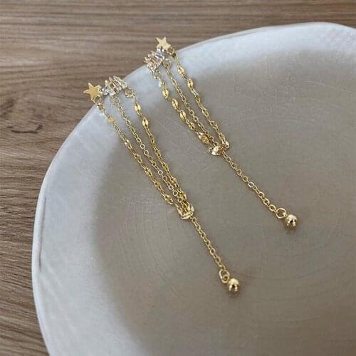 Vintage Gold Bar Long Thread Tassel Drop Earrings For Women Simple Stylish Star Drop Earrings Shiny Zircon Female Earrings