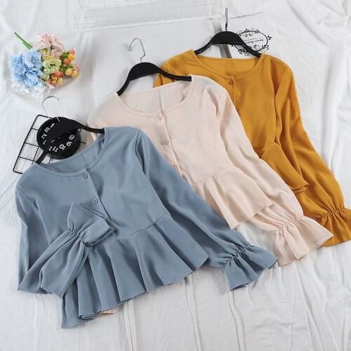 HISUMA Women Flare Sleeve O-Neck Pleated Ruffles Shirt Vintage Lady Short Slim Cardigan Button Chiffon Crop Pullover Blouse Tops