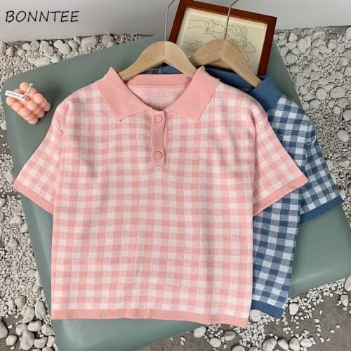 T-shirts Women Vintage Plaid Knitted Button Crop Top Korean Style Tees Harajuku Summer Short Sleeve Fashion Patchwork Stretchy