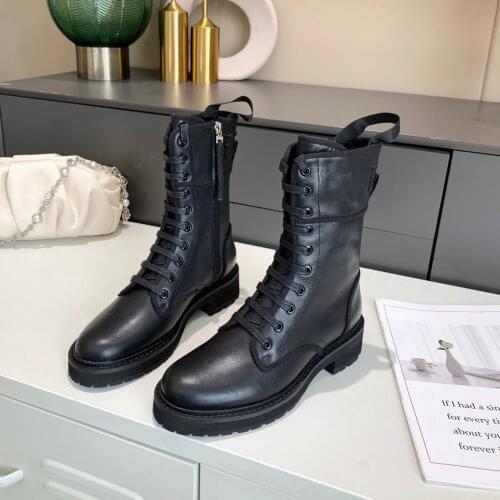 Women Boots New 2021 Comfortable High Quality Genuine Leather Black Motorcycle Boots Sides Zipper Lace Up Women Shoes